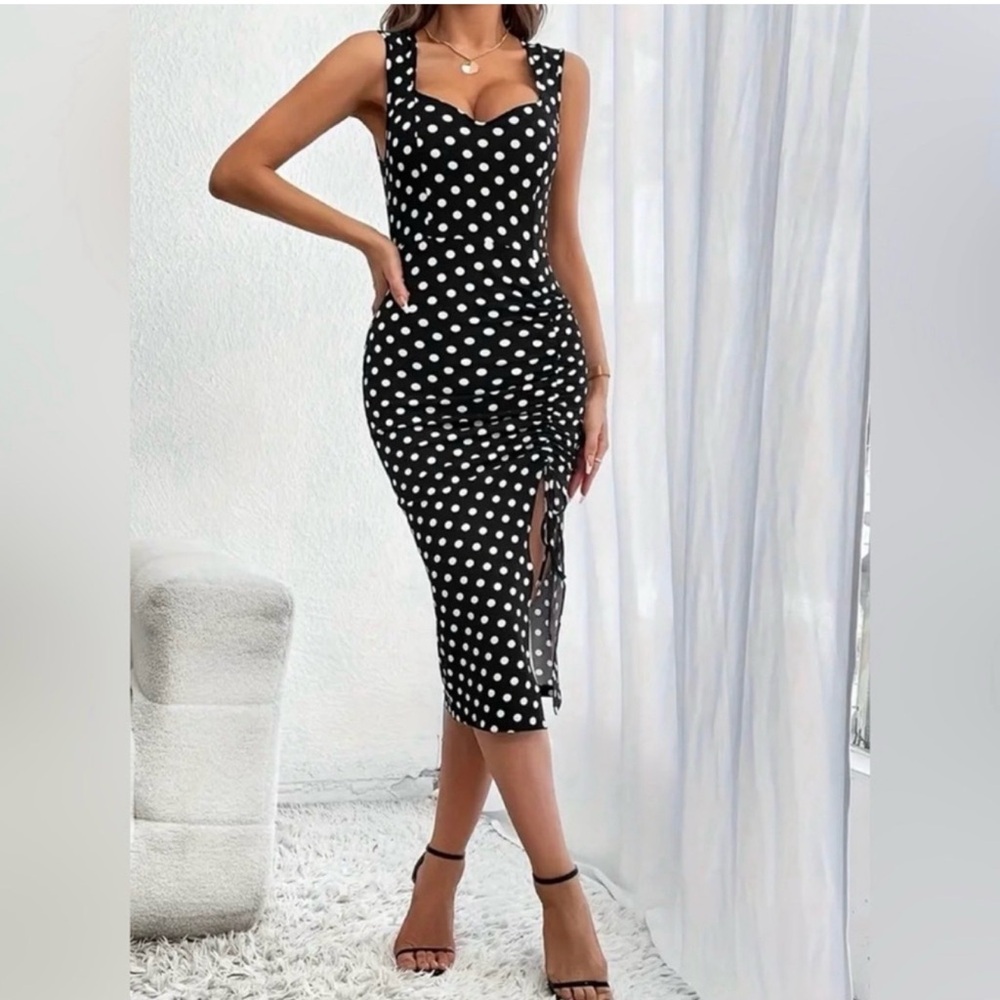 Black and White Polka Dot Dress with Ruched Side